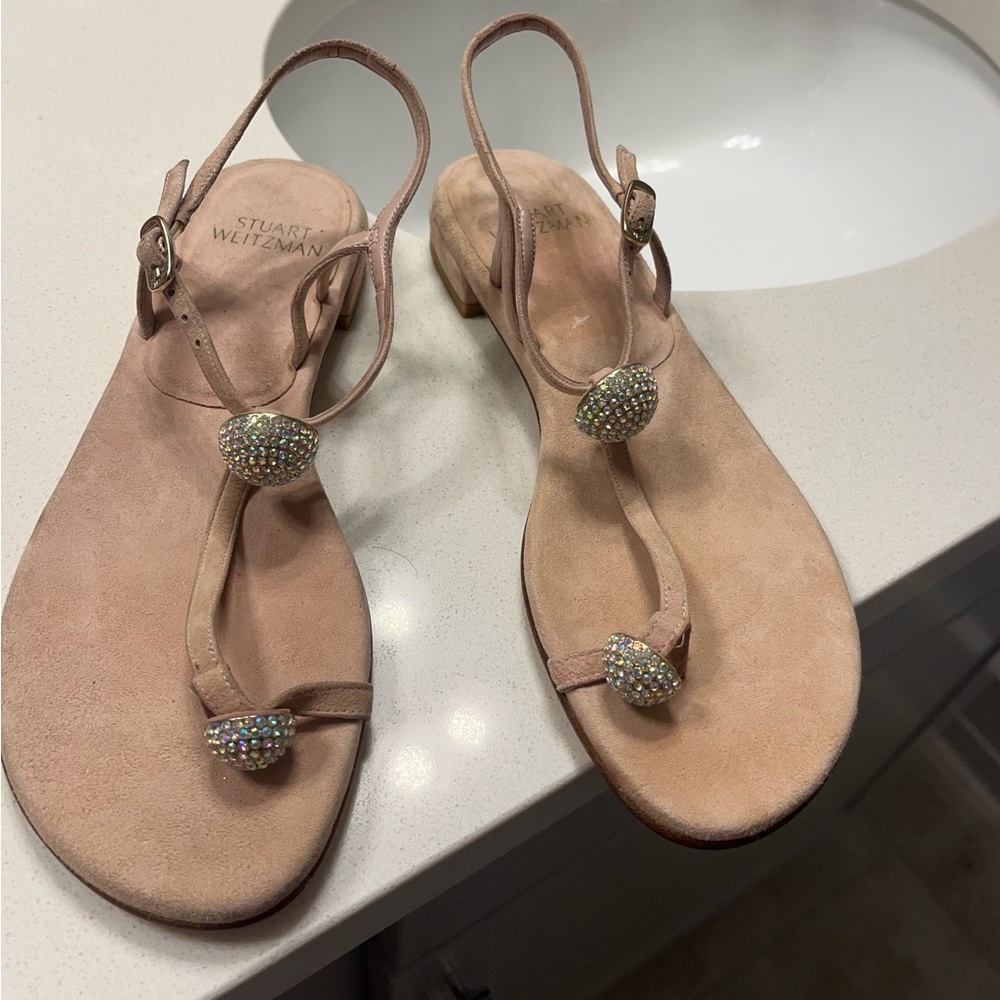 Stuart Weitzman suede tan barely nude semi flat sandal with dazzled balls.